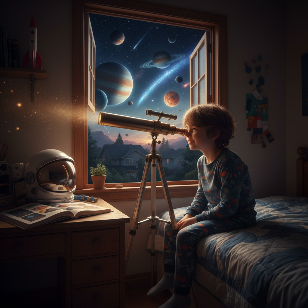 A child peers through a telescope in their bedroom, gazing at planets and nebulae outside as golden starlight fills the room—a visual metaphor for everyday curiosity launching cosmic wonder.