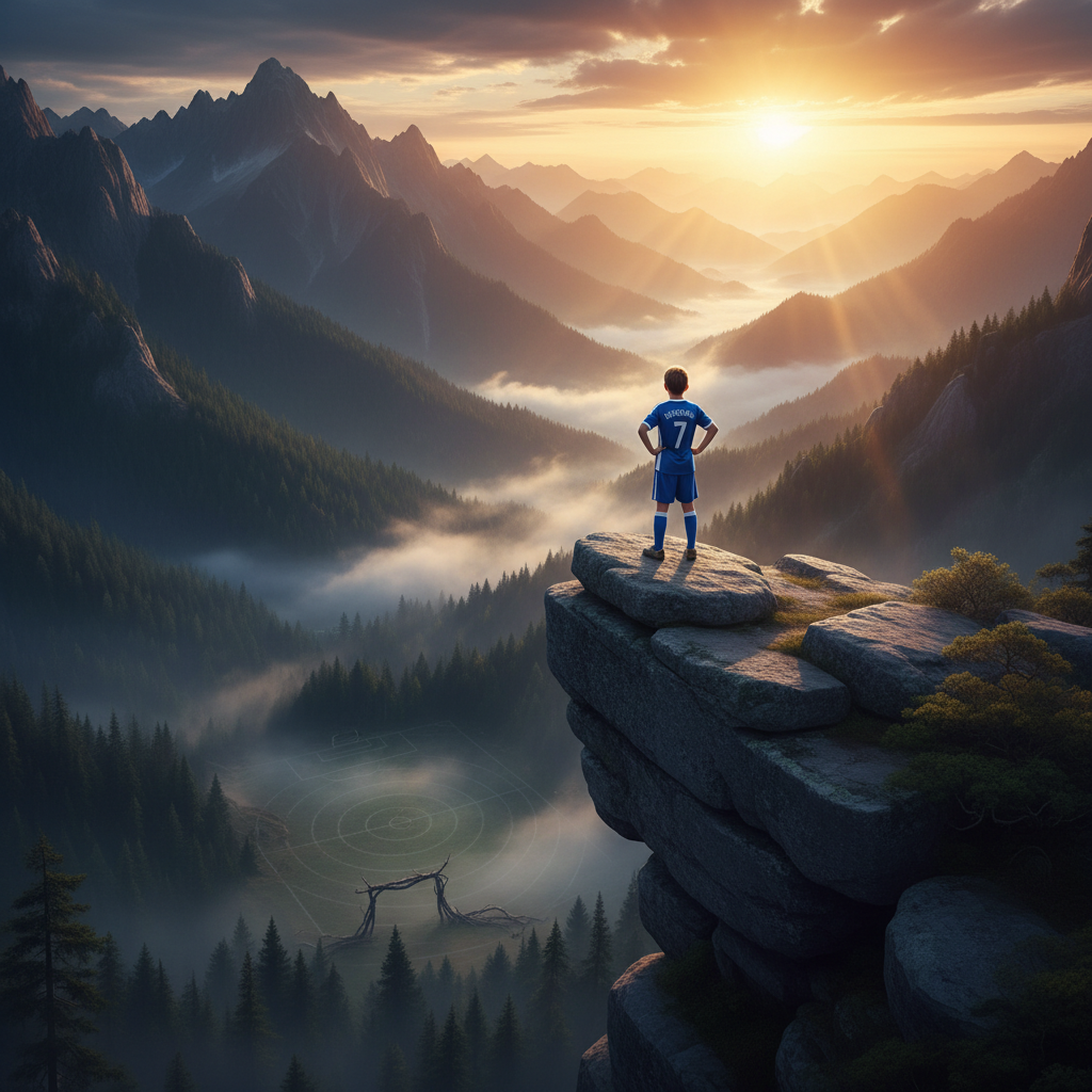 A child in sports gear stands proudly atop a scenic overlook at sunrise, symbolizing emotional growth and resilience through sports.