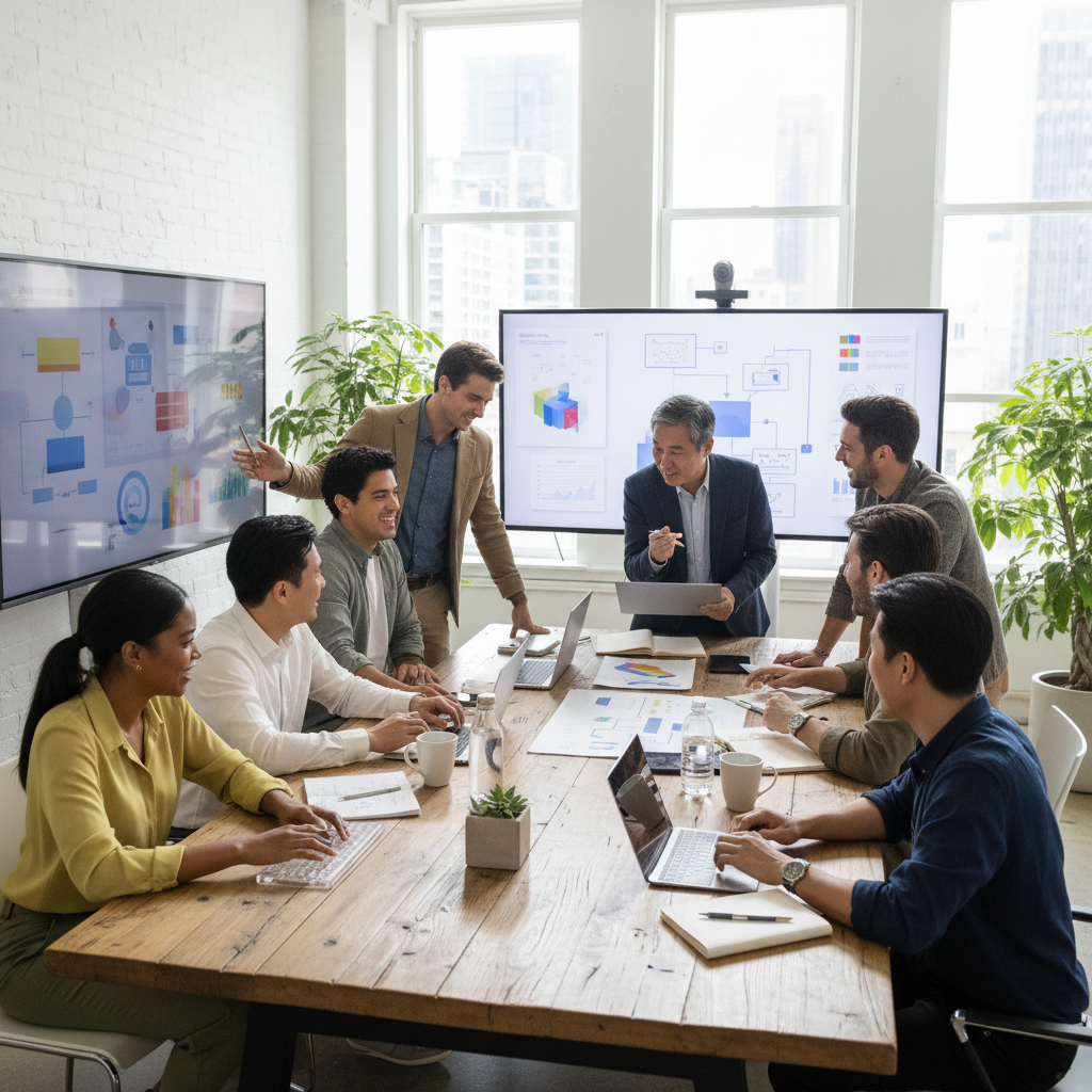 A diverse, modern team collaborating in a creative workspace, brainstorming and supporting each other for innovative teamwork