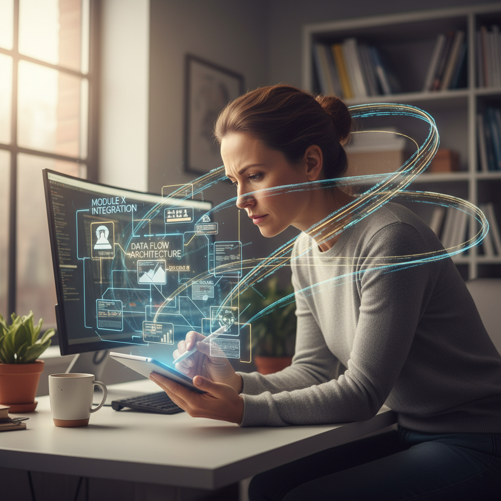 Technical writer transforming complex data into clear, user-friendly documentation with digital tools and AI feedback