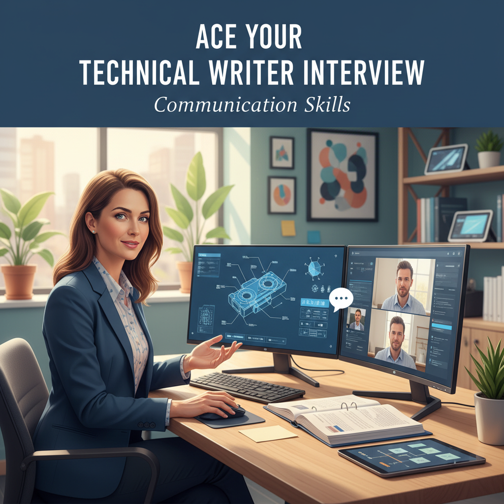 Confident technical writer in a modern office, referencing technical documents during a video interview