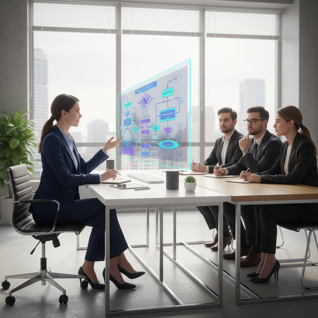 A confident technical writer explains a complex AI concept to a hiring panel with visual aids in a modern office