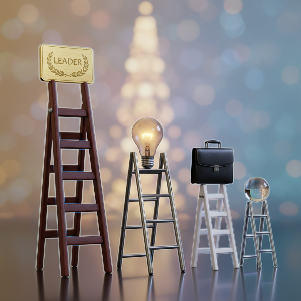 Career progression visualized as ladders topped with symbolic items for role, skill, and seniority
