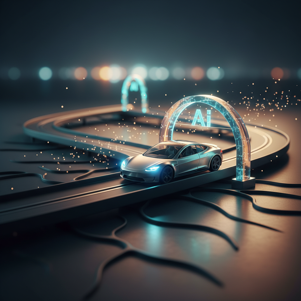 Metaphorical image of a Tesla car racing along a neural-shaped track, symbolizing innovation and speed in the interview process.