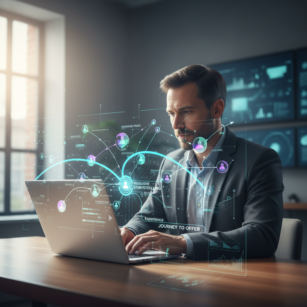 A job seeker crafting a compelling story for an interview using digital overlays and data visualization