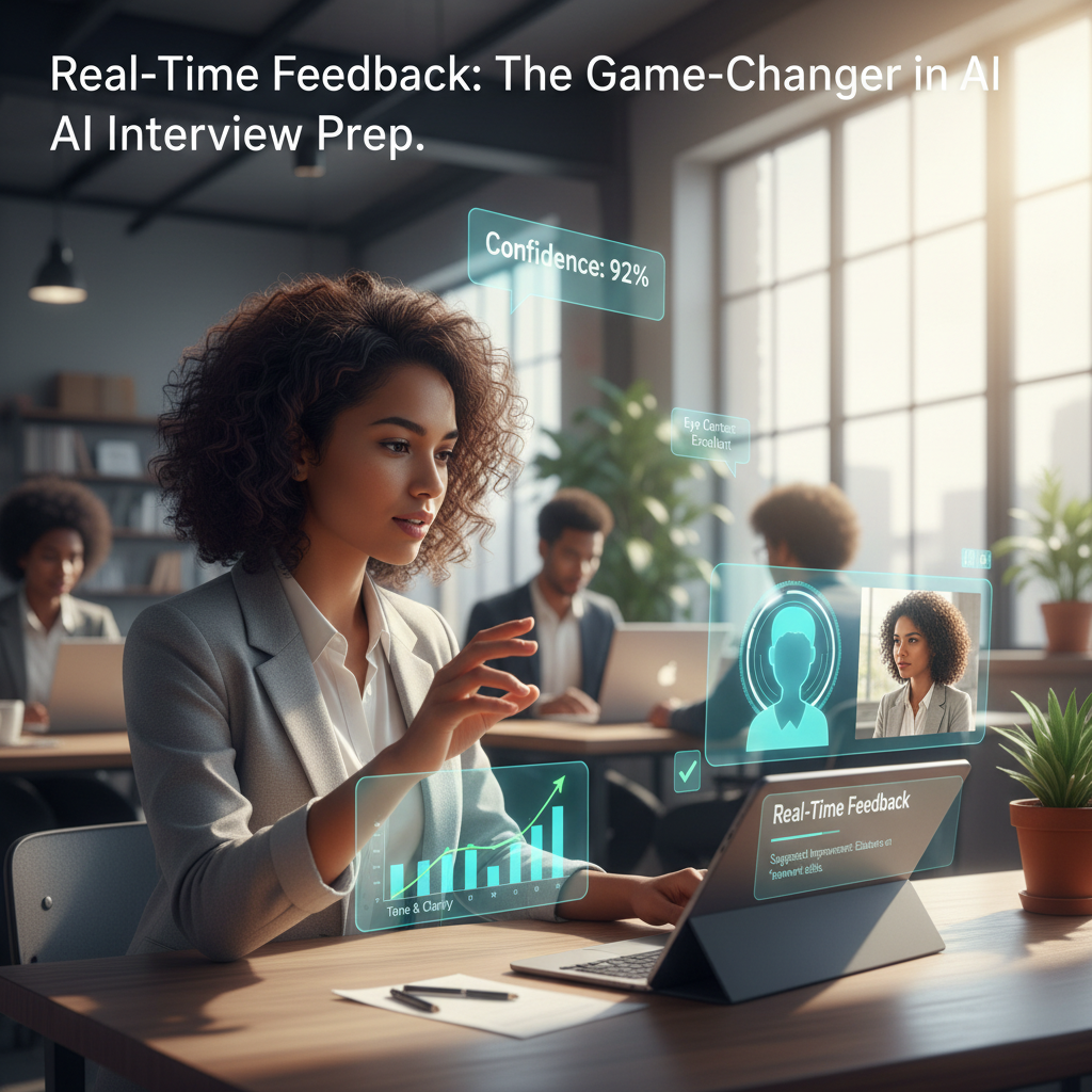 Job seeker practicing with AI interview app and receiving real-time feedback on screen