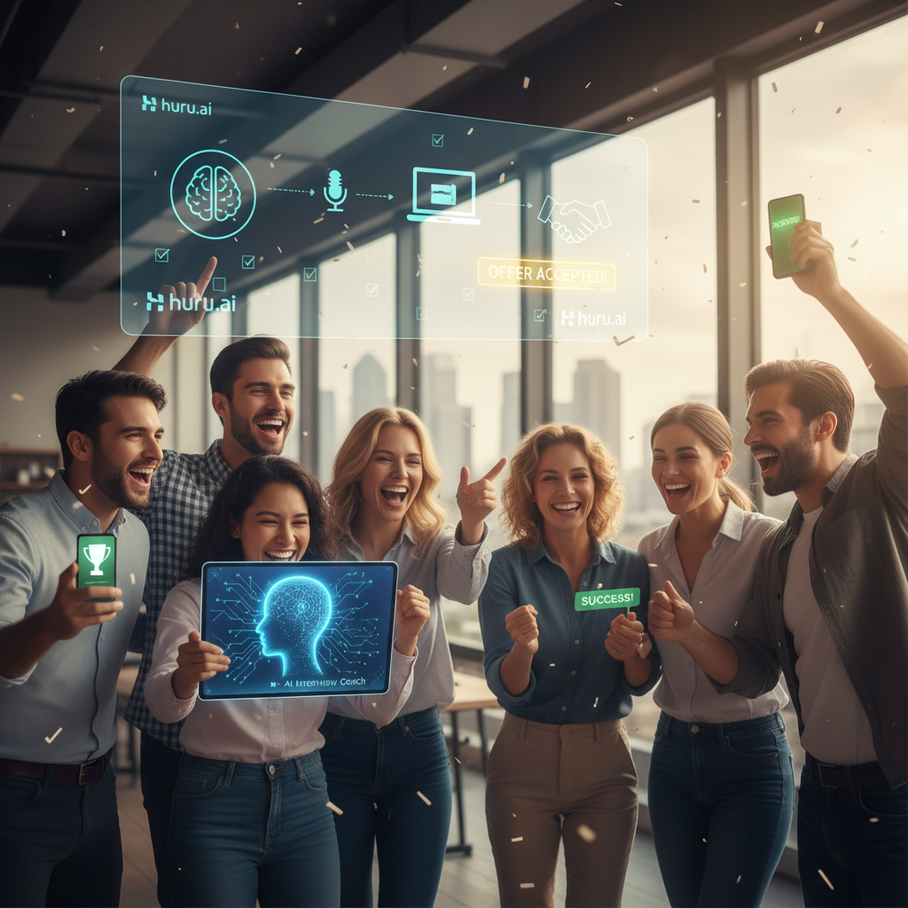 Diverse job seekers celebrating interview success with AI tools