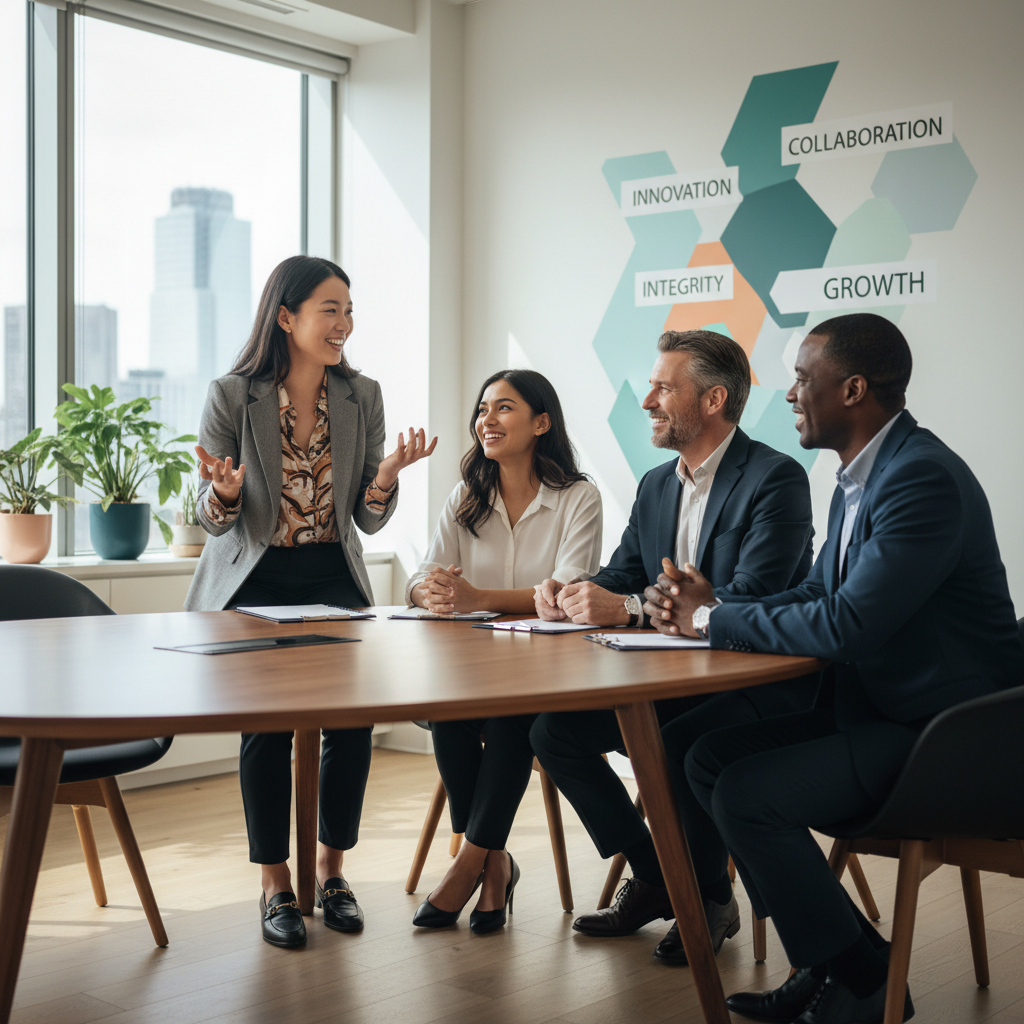Confident candidate connecting with interview panel, symbolizing cultural fit in a modern office