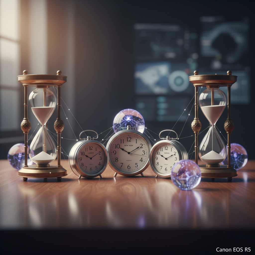 Elegant hourglasses and glowing data spheres on a desk, illustrating time zones and priority balance in hybrid work