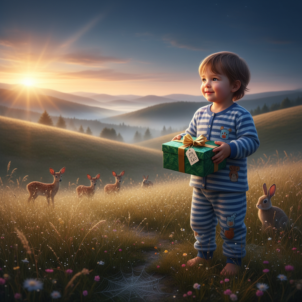 A 3-year-old in pajamas holding a personalized gift, standing in a magical sunrise meadow — symbolizing wonder and anticipation for meaningful gifting.