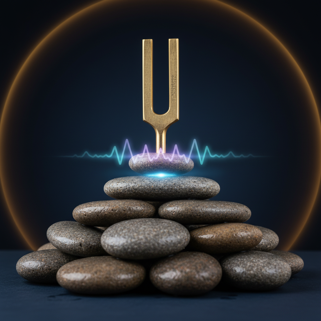 A tuning fork atop smooth river stones representing vocal harmony and interview readiness