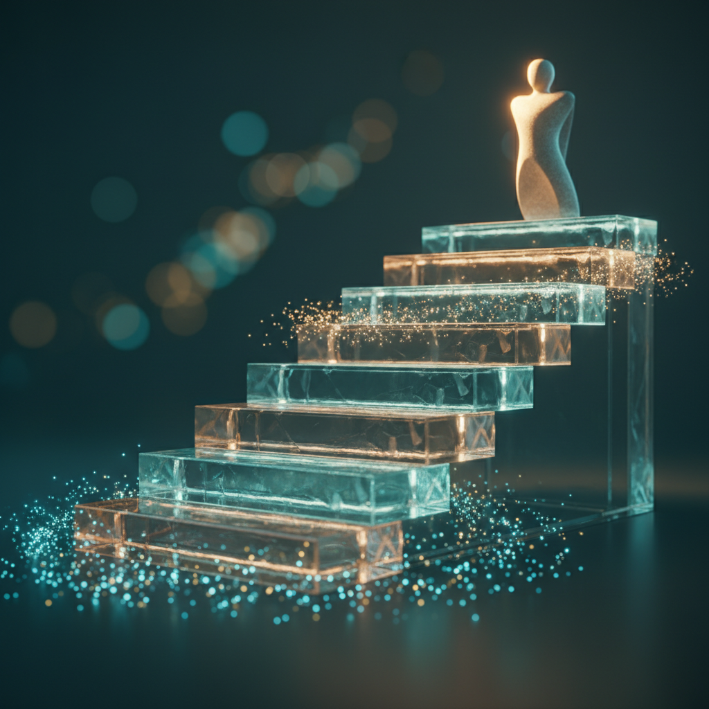 Crystal staircase ascending to a glowing summit, symbolizing the journey to top 1% status in your industry