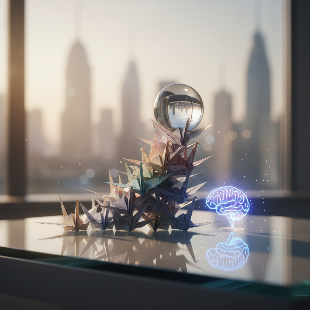 Glass sphere and origami cranes symbolizing career growth and transformation with AI guidance