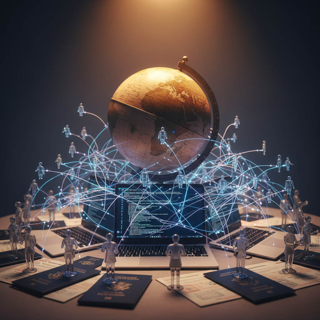 A globe atop laptops and passports linked with AI threads, symbolizing interconnected global remote work opportunities in 2026