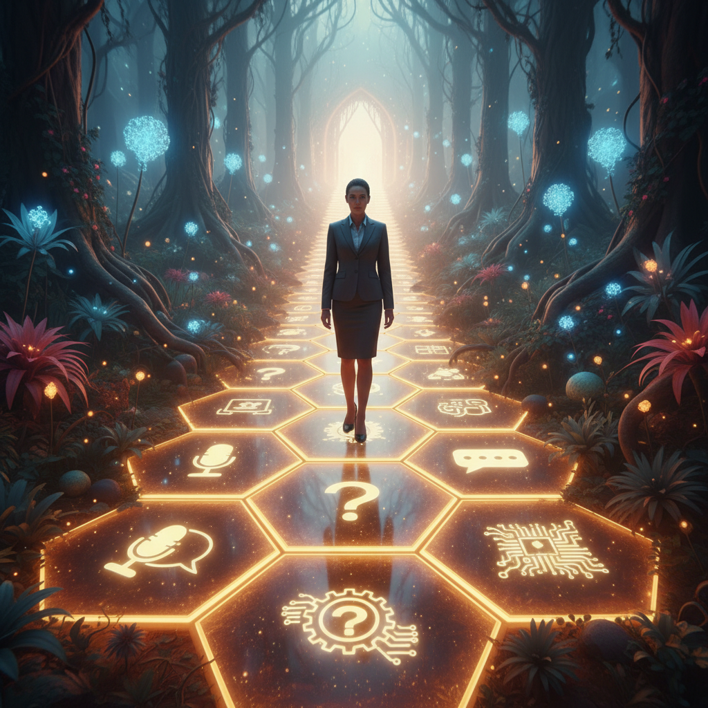 A professional on a glowing, skill-embedded path illustrating sales engineer interview journey