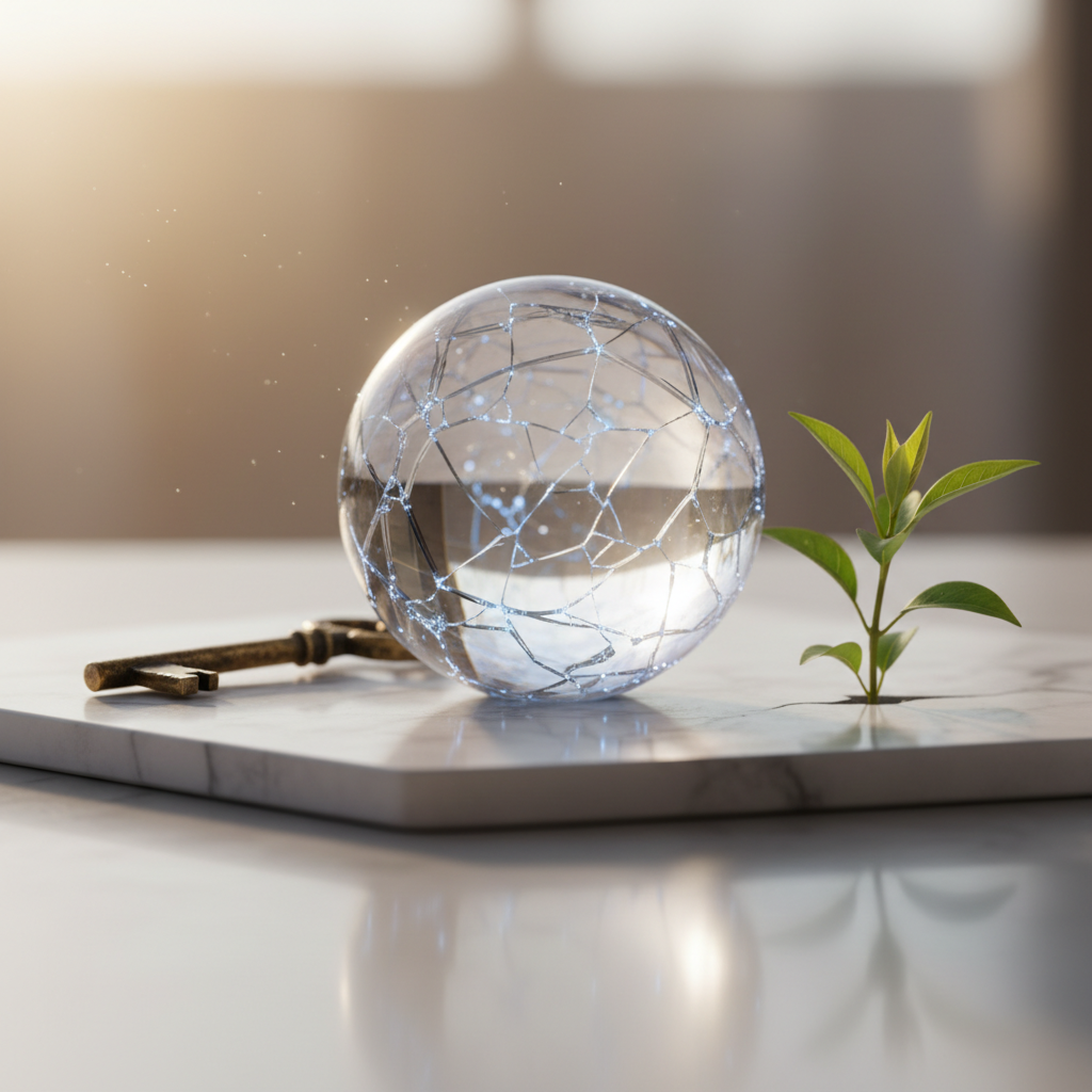 A cracked but beautifully mended glass sphere symbolizes an imperfect career history, glowing with potential and new opportunities.