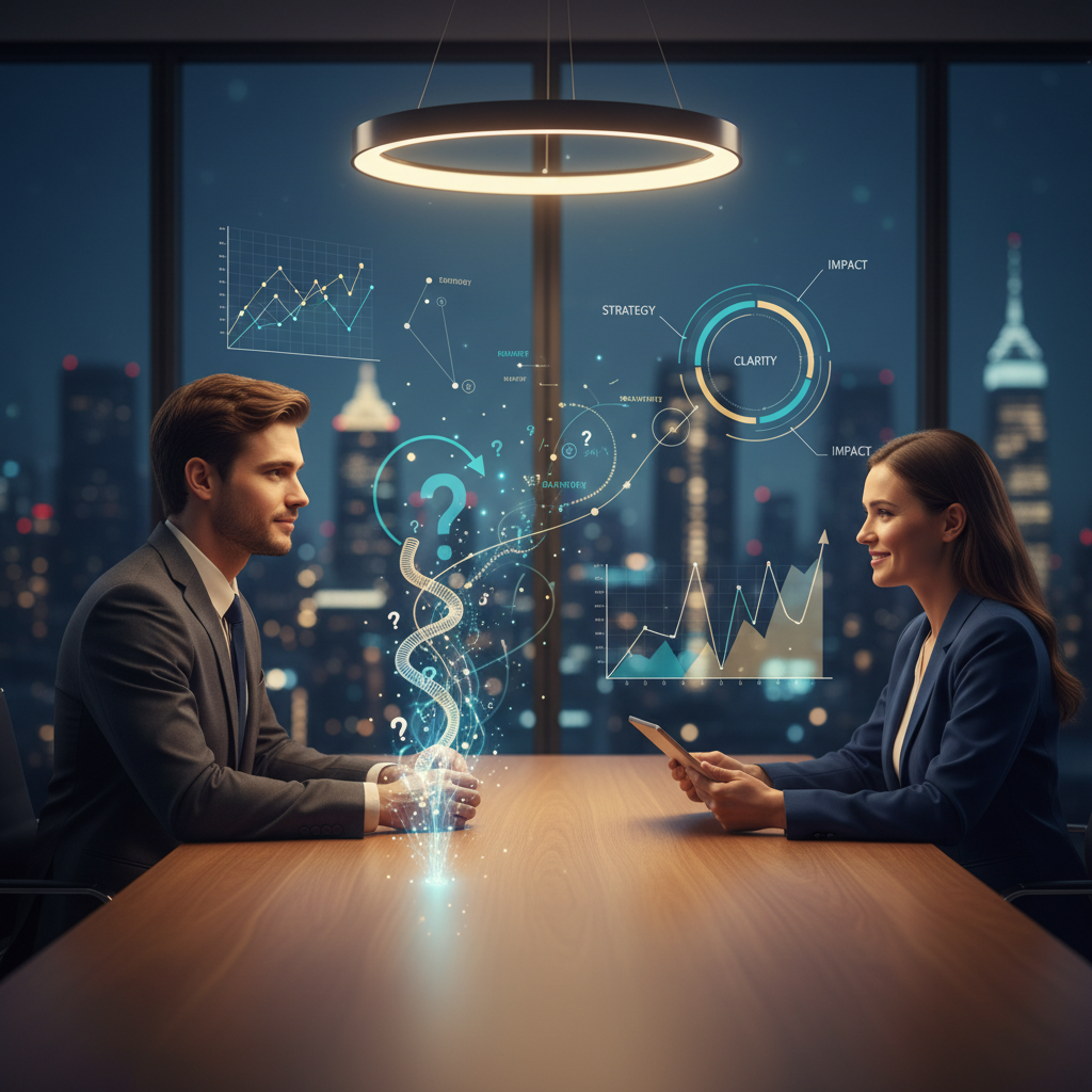 Job seeker in interview room asking data-driven, strategic questions with holographic feedback visualized