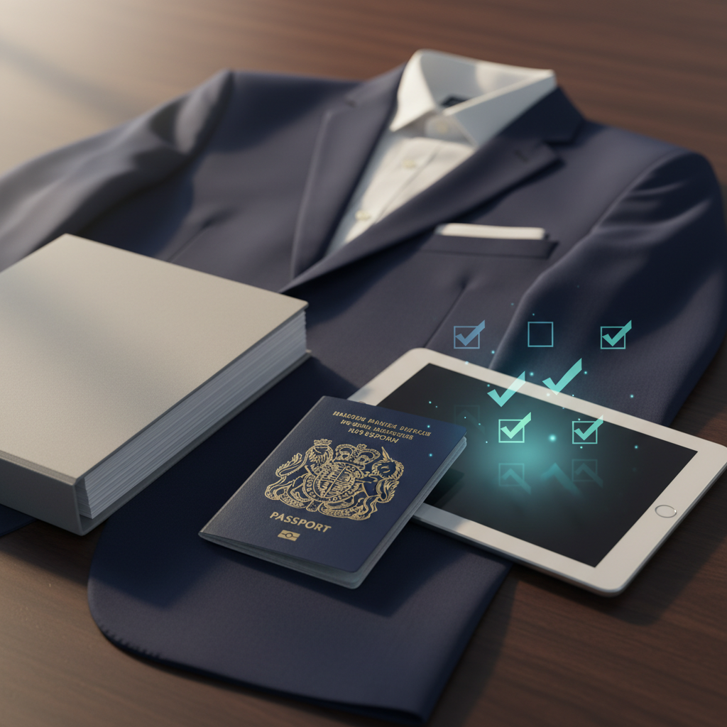 Essential UK Skilled Worker Visa Interview Documents: blue suit, UK passport, smart tablet, folder neatly arranged