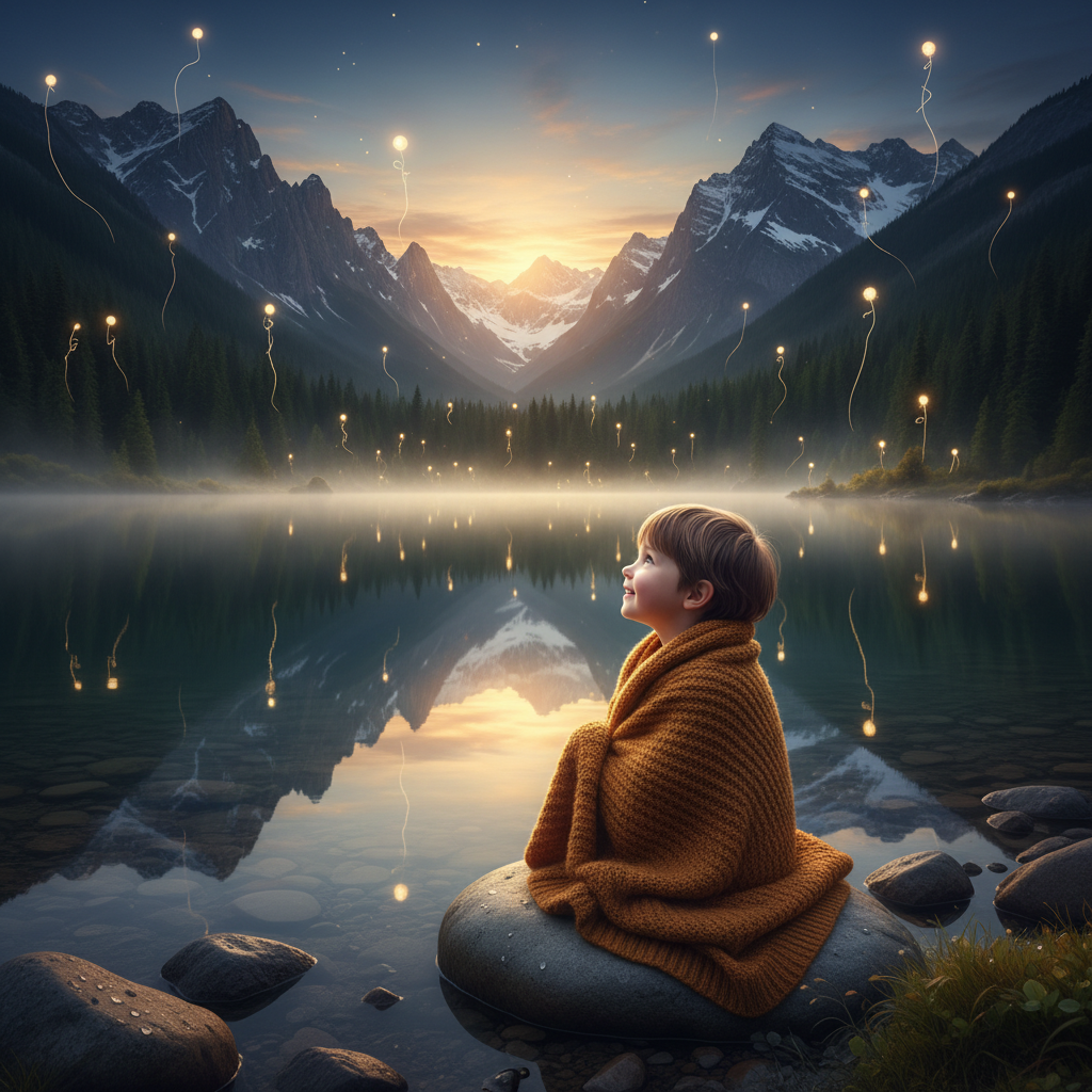 A child sitting by a tranquil sunrise lake, mesmerized by hundreds of glowing lights rising from the landscape – each light representing a unique message or wish for a child’s future.