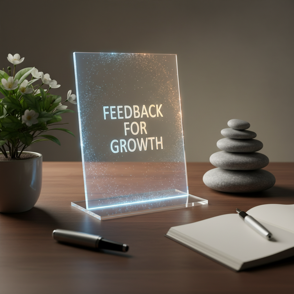 A transparent feedback template surrounded by symbols of growth, confidence, and preparation, glowing with digital intelligence.