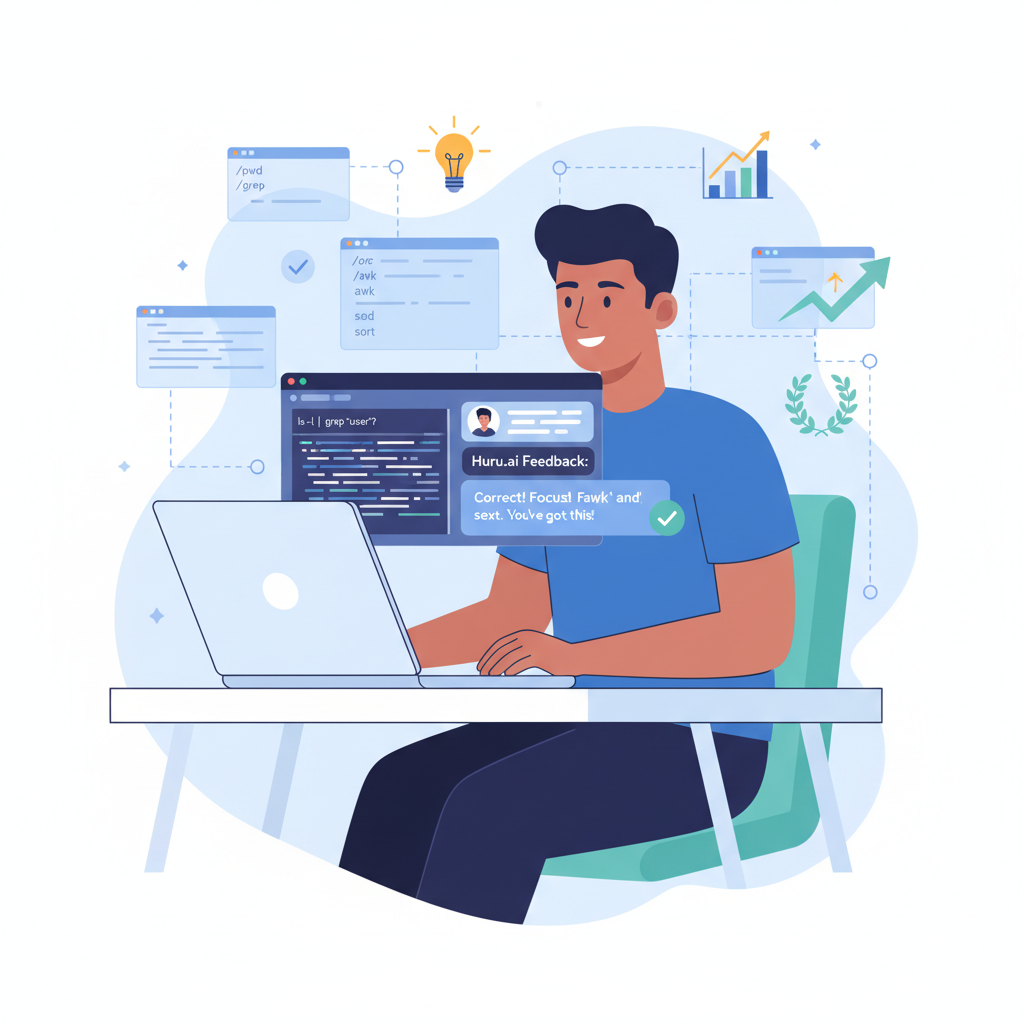 Confident job candidate practicing Unix interview questions with AI feedback on laptop