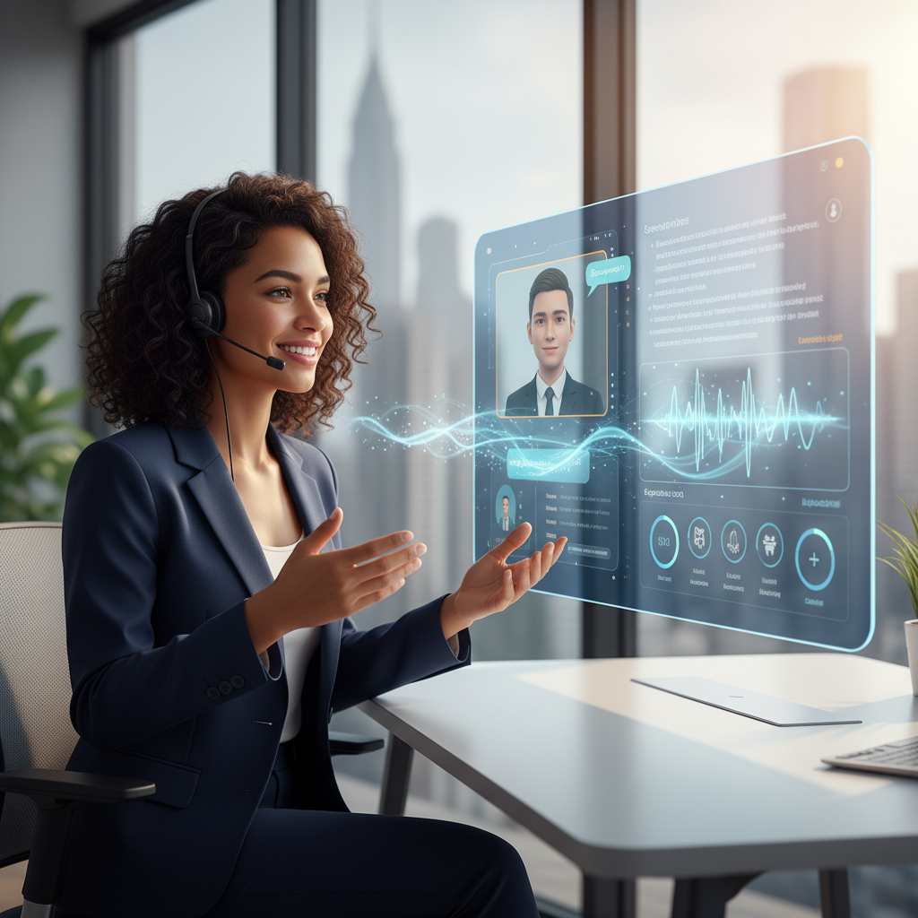 Confident professional practicing interview skills on an AI-powered platform