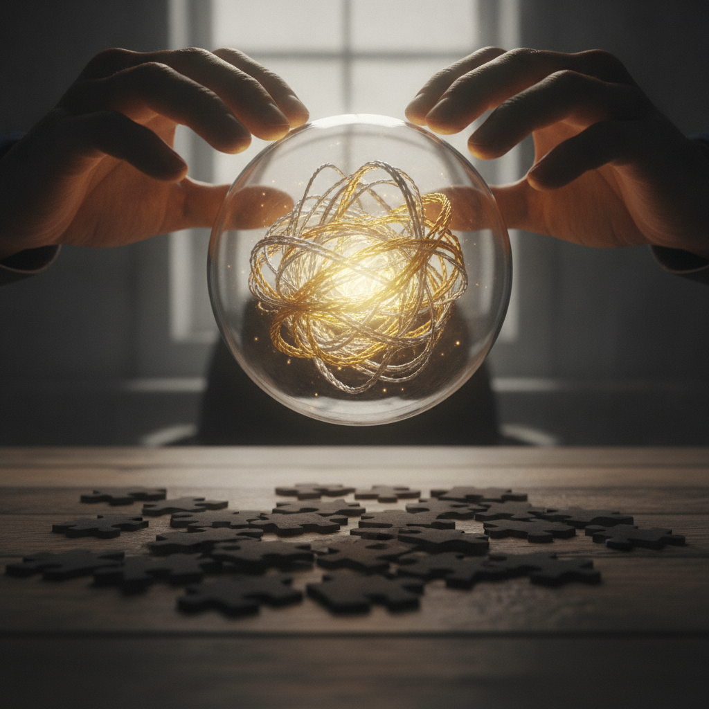 Hände halten eine leuchtende Glaskugel über Puzzleteilen – Symbol für Klarheit im Interview