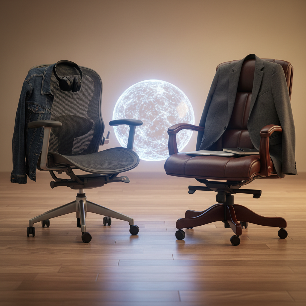 Two interview chairs: one startup, one corporate, separated by a glowing AI orb