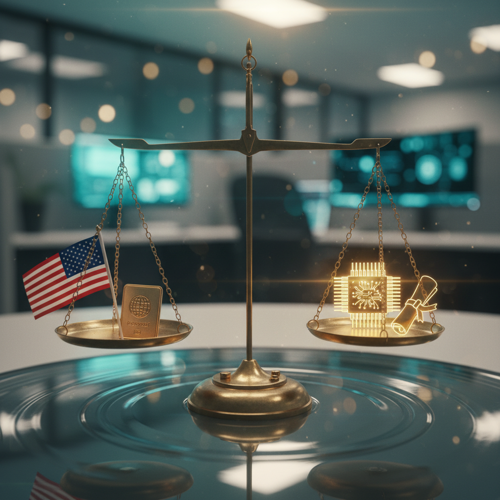 Metaphorical balance scale with US visa and tech job offer symbols, showing the delicate balance in sponsorship interviews