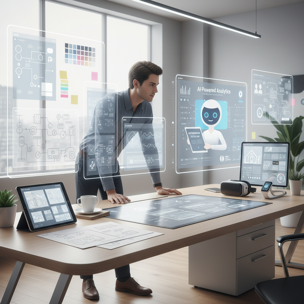 A UX/UI designer in a modern workspace preparing for an AI-enhanced interview, collaborating with a virtual assistant, surrounded by digital sketches and devices.