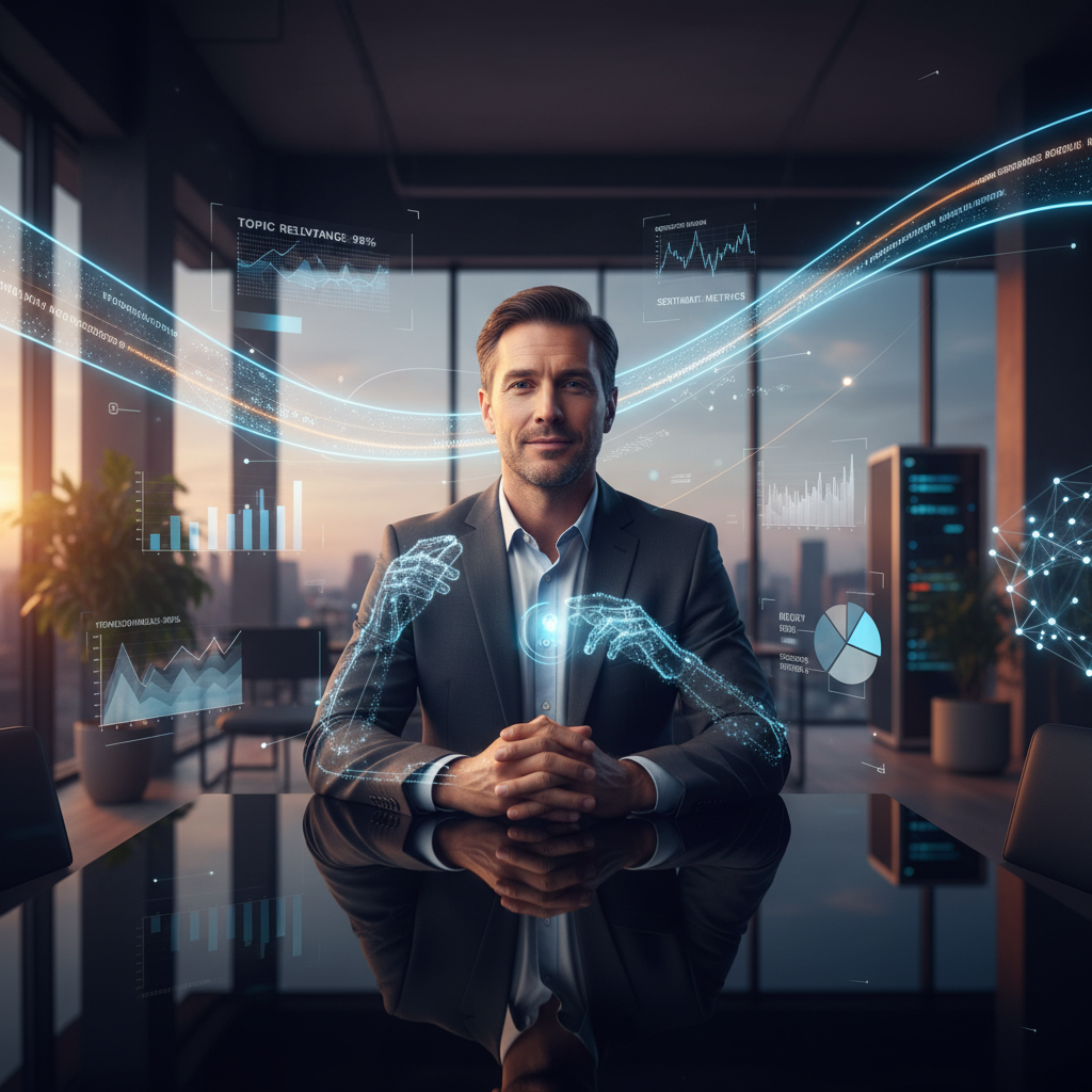 Modern interview scene with candidate, AI feedback overlays, and analytical graphs