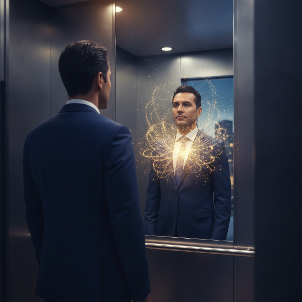 Ein Profi blickt selbstbewusst in sein Spiegelbild, goldene Lichtfäden symbolisieren aufkeimendes Selbstvertrauen vor einem Interview
