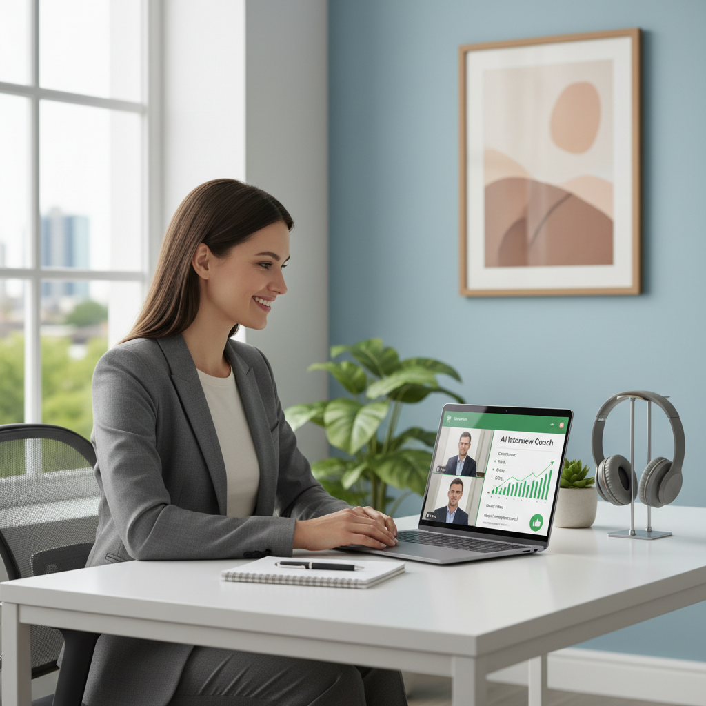 Job seeker acing a virtual interview with real-time AI feedback in a bright home office.