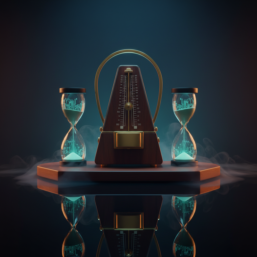 Un métronome équilibré et des sabliers lumineux symbolisant la gestion du rythme de parole en entretien d'embauche