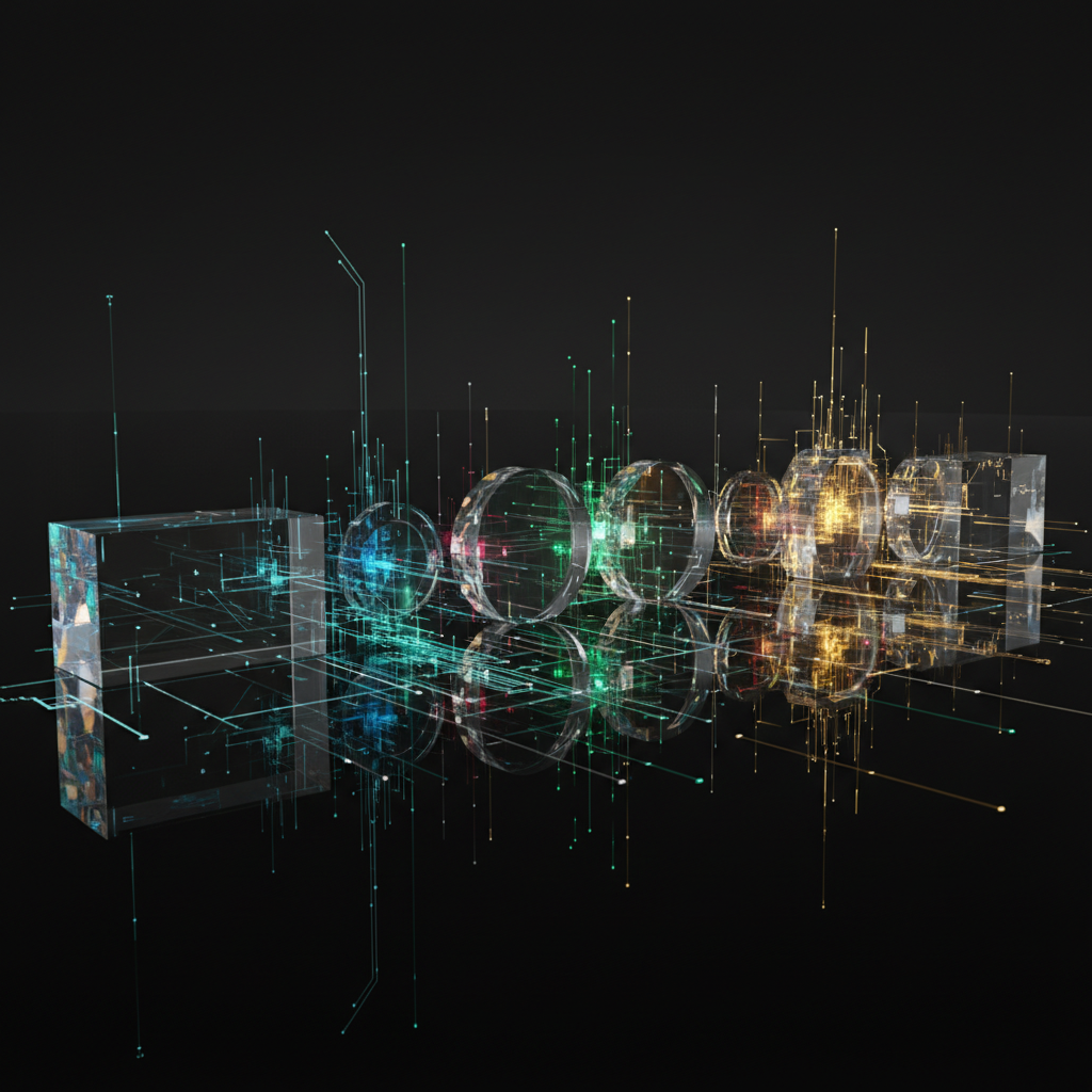 Algorithmen zerlegen Interviewantworten in verschiedene Bewertungskriterien – symbolisiert durch Lichtstrahlen und Prismen