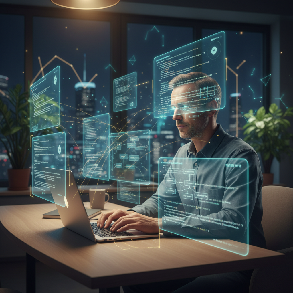 Focused job seeker mastering Web API concepts with analytical overlays in a modern workspace