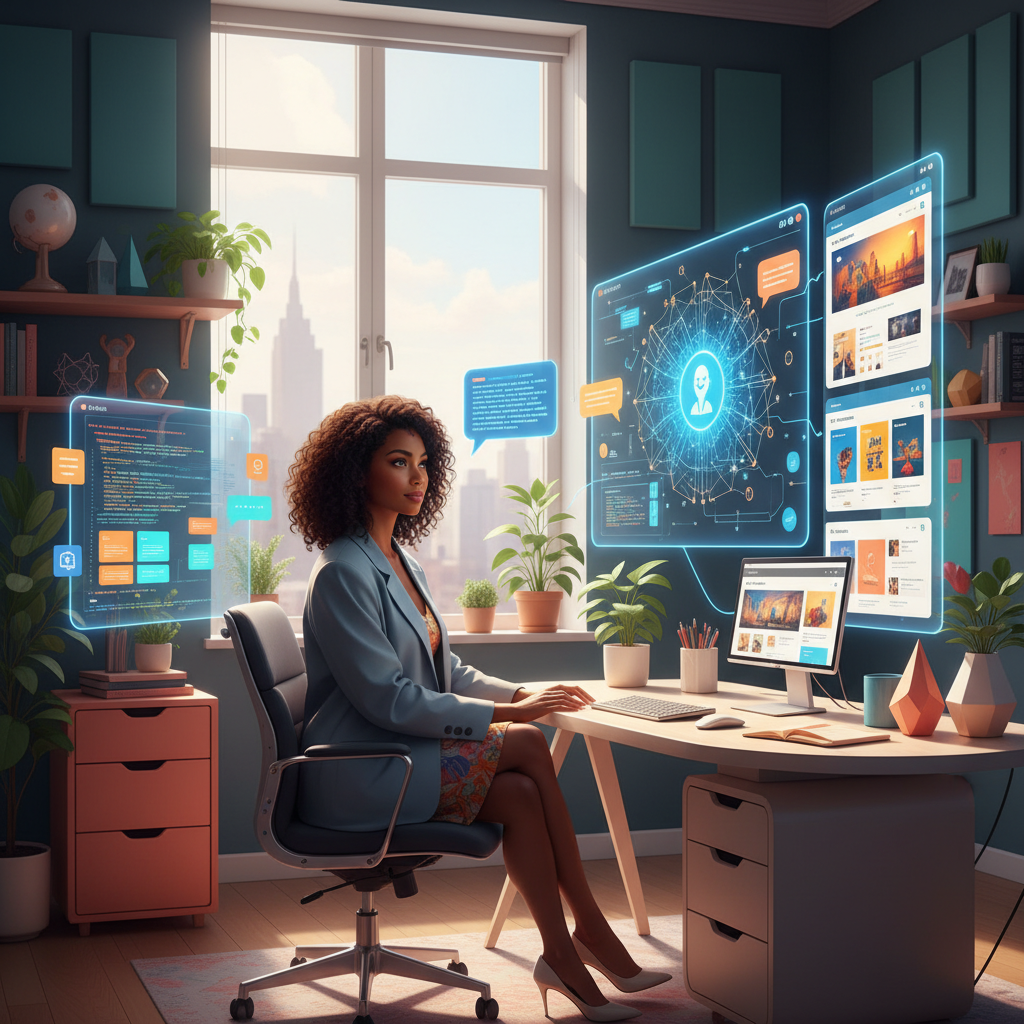 Modern workspace showing a web designer in a virtual AI-powered interview, with digital portfolios and coding elements visible