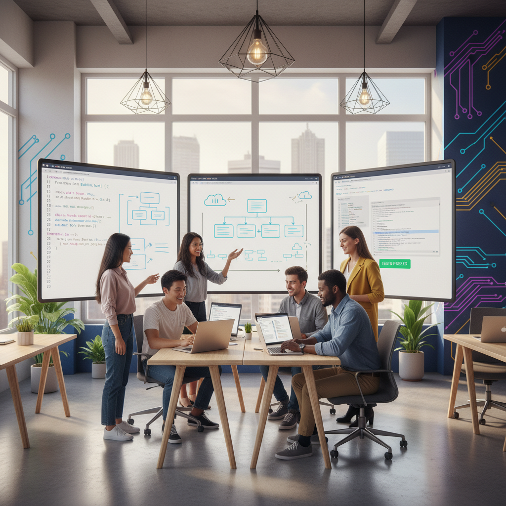 Confident web developers collaborating during an interview, with laptops, whiteboards, and digital feedback screens