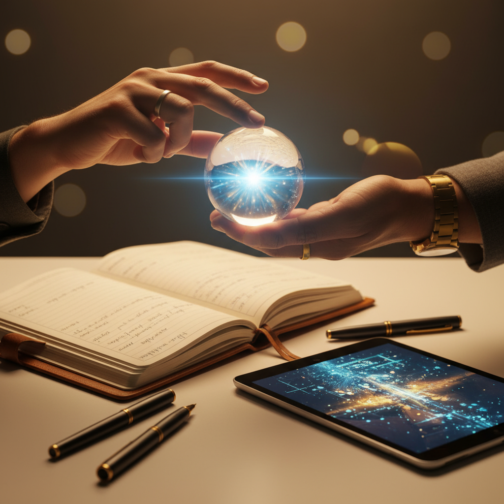 Job seeker and hiring manager exchanging a glowing glass sphere, symbolizing thoughtful interview questions