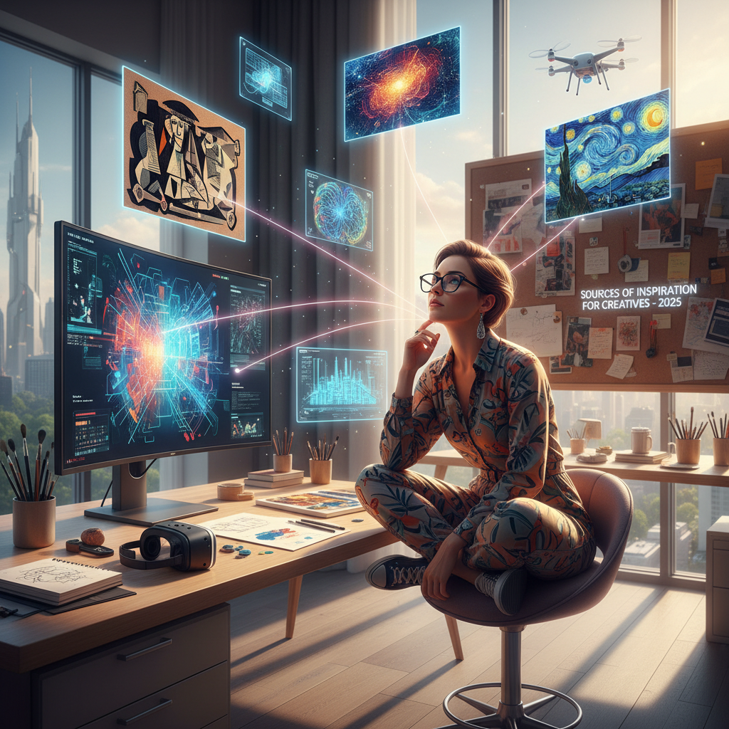 Creative professional reflecting in a vibrant, inspiration-filled workspace for 2025