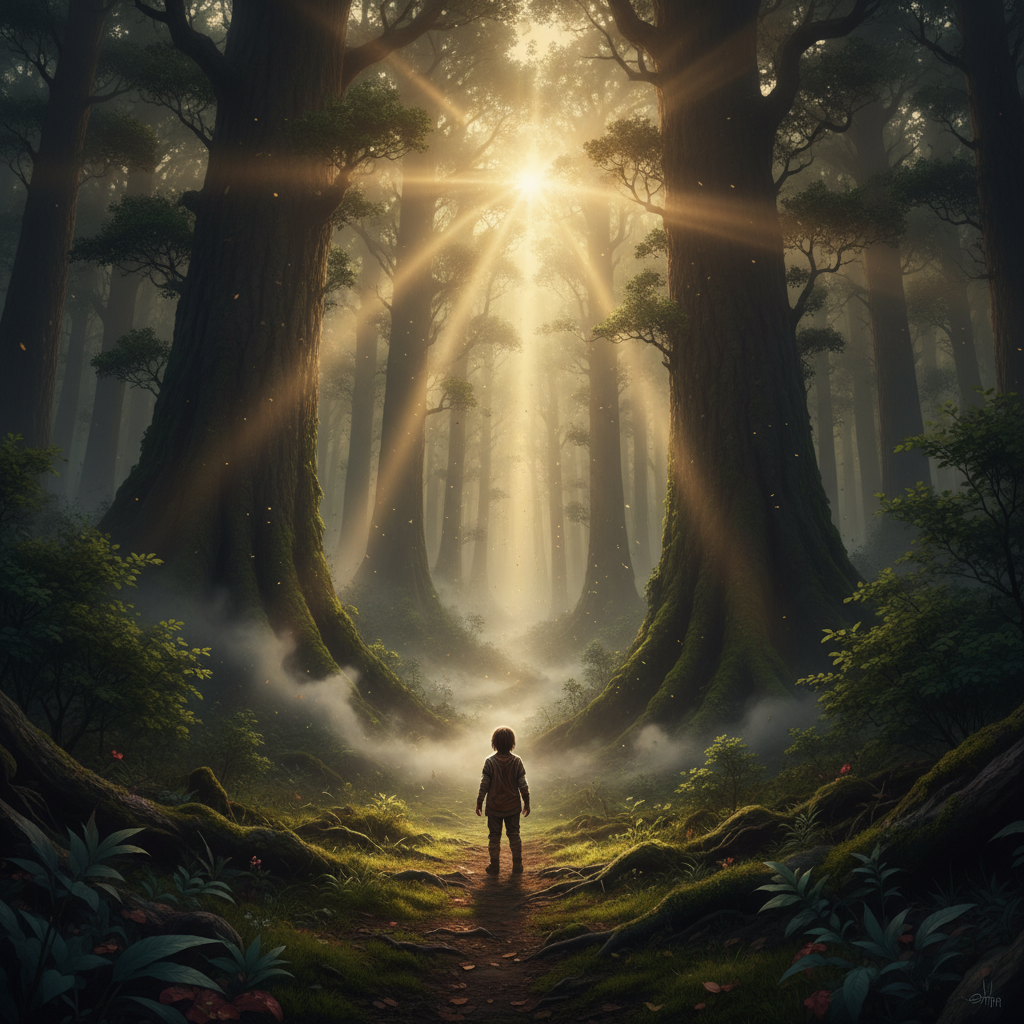 A child stands at the edge of a majestic forest, golden light symbolizing hope streaming through the trees—representing the daunting but hopeful path through fear of failure.