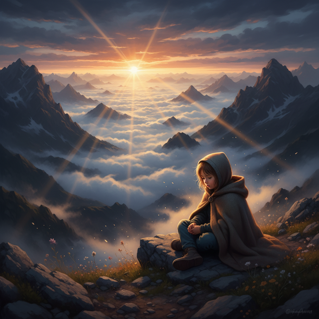 A child sitting on a mountain ledge at sunrise, looking into clouds, symbolizing reflection and hope after losing.