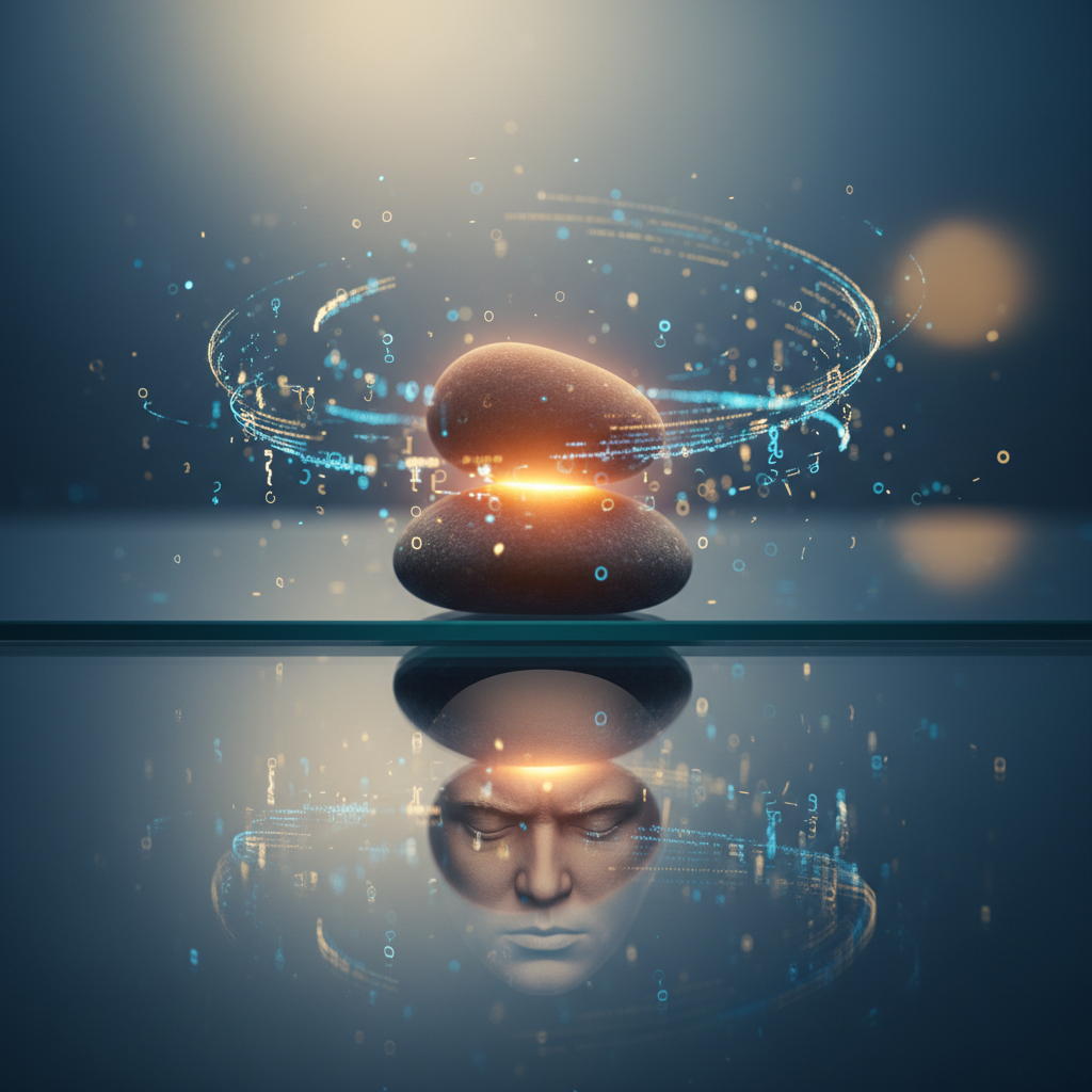 A smooth river stone balanced on a glass desk, symbolizing composure and clarity under interview pressure