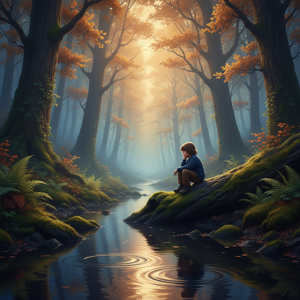 A child sits quietly in a misty forest, reflecting on loss, surrounded by nature’s calm beauty.