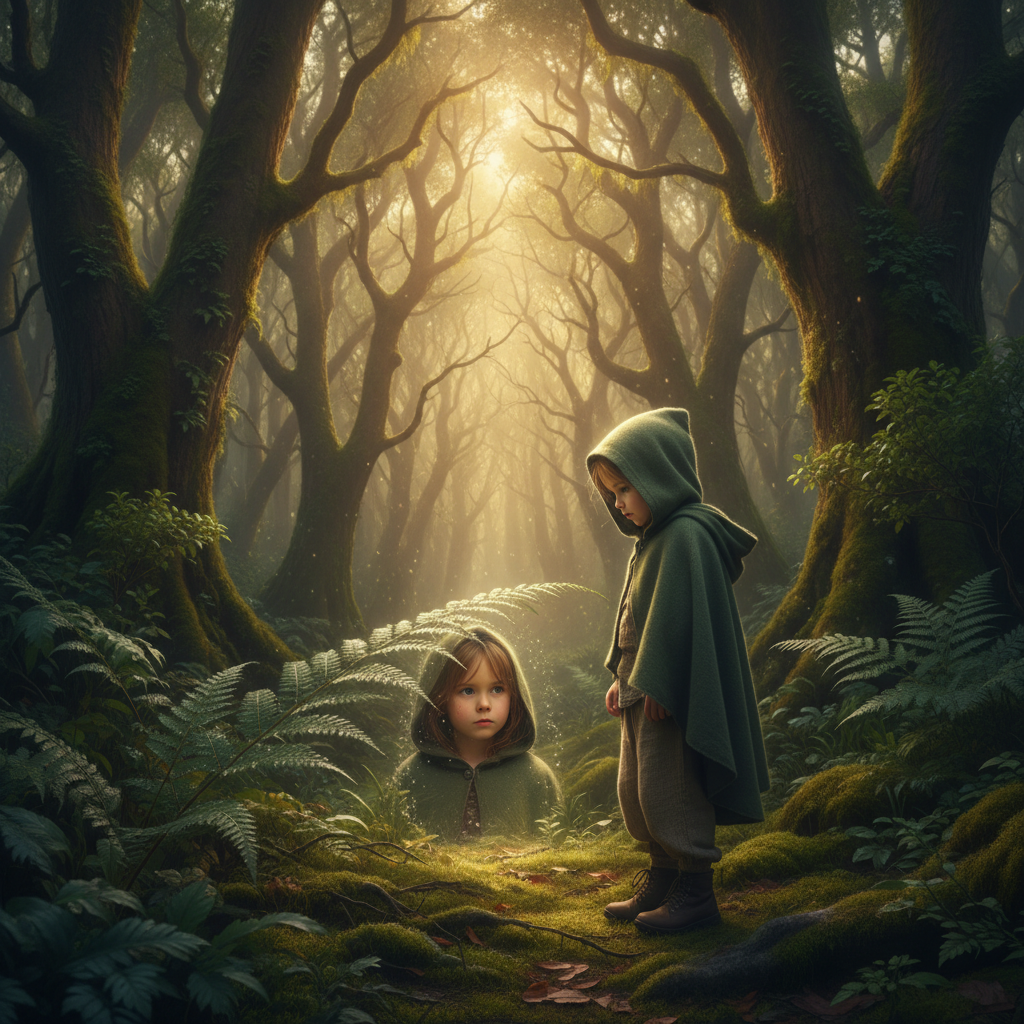 A young child reflects in a forest, visually expressing doubt and hope