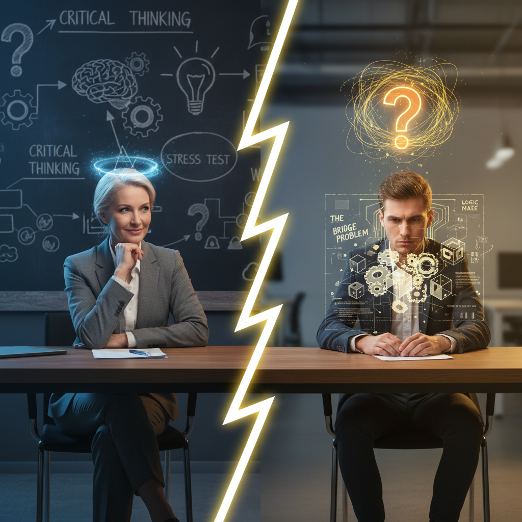 Metaphorical image of the psychology behind tricky interview questions: interviewer and candidate, puzzle symbols, curiosity.