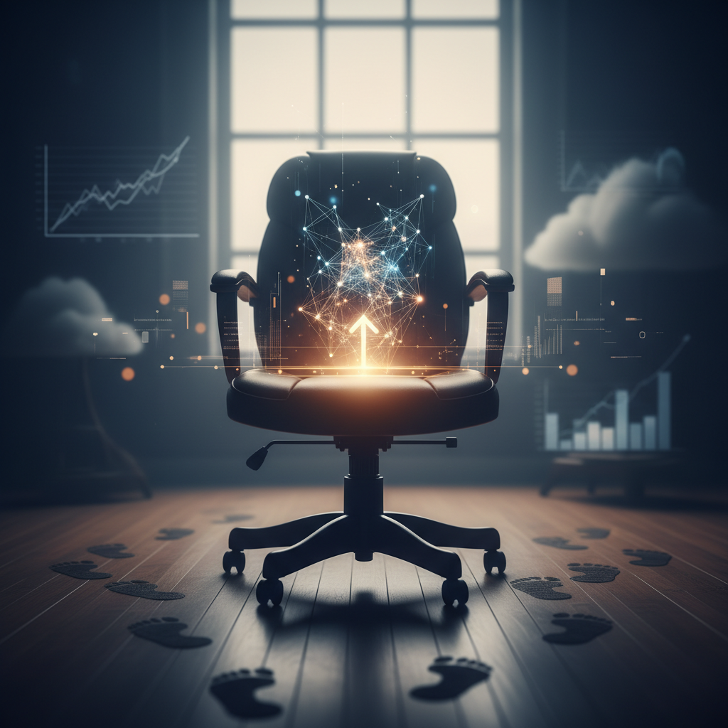 An empty office chair surrounded by fading footprints, symbolizing recruiter ghosting, with a glowing AI hologram as a beacon of hope