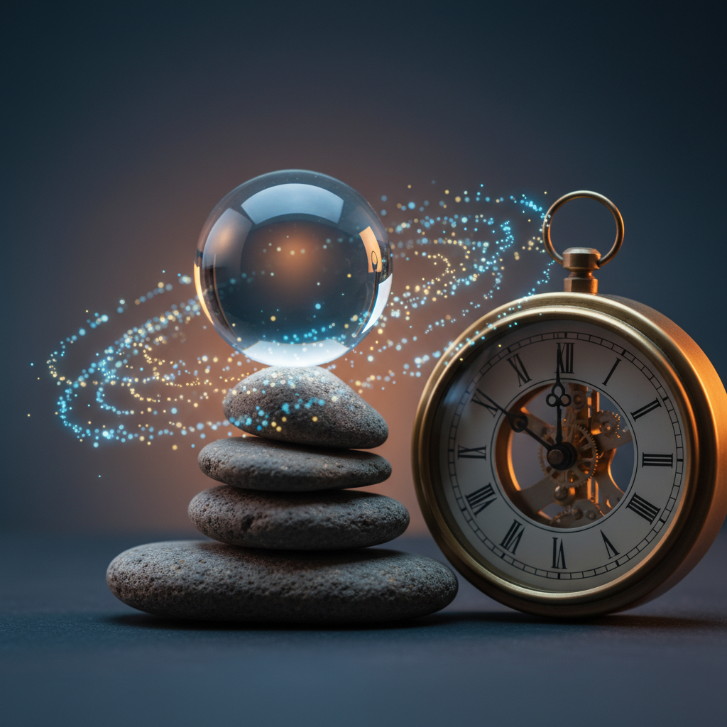 Stacked stones and glass sphere balancing, symbolizing interview nerves and pressure