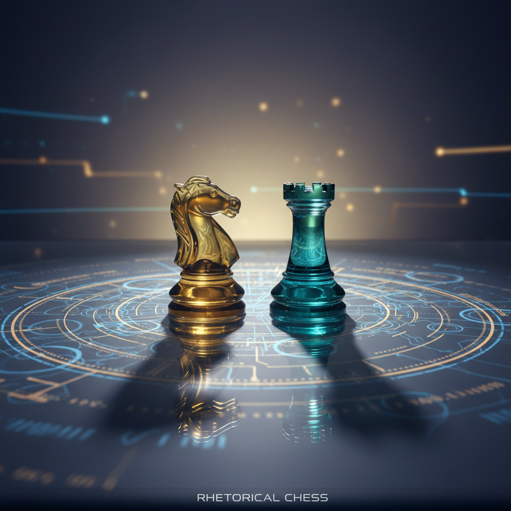 Metapher für strategisches Argumentieren: Zwei Schachfiguren stehen sich gegenüber auf einem Glasbrett, strahlen kluges Selbstvertrauen aus