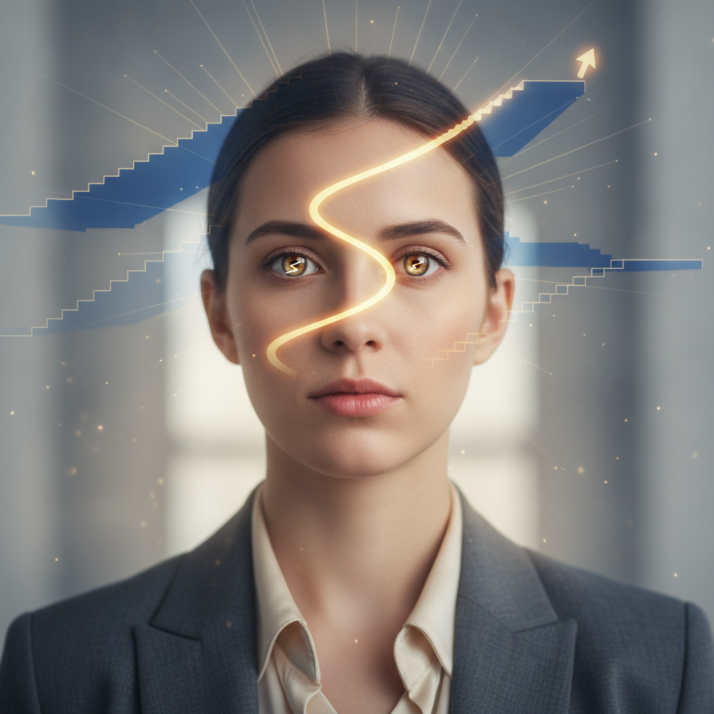 Nahaufnahme eines nachdenklichen Bewerbers, dessen Augen eine goldene, aufsteigende Bahn widerspiegeln – symbolisiert den logischen Karriereweg im Vorstellungsgespräch